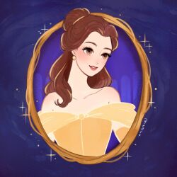 1girl animification beauty_and_the_beast_(disney) belle_(disney) brown_eyes brown_hair dress earrings elbow_gloves gloves jewelry long_hair looking_at_viewer meecosme ponytail princess smile tagme yellow_dress