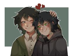 2boys black_hair black_hoodie blush collared_shirt degrees_of_lewdity green_eyes green_jacket grin headpat heart highres hood hoodie jacket kylar_(degrees_of_lewdity) kylar_(male)_(degrees_of_lewdity) multiple_boys one_eye_closed player_character_(degrees_of_lewdity) player_character_(male)_(degrees_of_lewdity) shirt short_hair smile sweat upper_body white_shirt yozu_missu