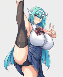Rule 34 | 1girl, android, aqua hair, armpits, black panties, black thighhighs, blue eyes, blue hair, blue skirt, blush, bow, bowtie, breasts, cameltoe, closed mouth, generic ooban yaki, grey background, hairband, headgear, high-waist skirt, highres, huge breasts, leg lift, leg up, long hair, looking at viewer, original, panties, pleated skirt, red bow, red bowtie, ribbon, robot ears, shirt, simple background, skirt, sleeveless, sleeveless shirt, solo, split, standing, standing on one leg, standing split, thighhighs, thighs, underwear, v, very long hair, w, white hairband, white shirt, y-0 (generic ooban yaki)