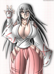 Rule 34 | 1girl, black hair, breasts, cleavage cutout, clothing cutout, collar, curvy, female focus, gloves, hand on own hip, high heels, japanese clothes, kimono, kushinada mikumo, large breasts, long hair, looking at viewer, mature female, nature, no bra, no panties, old, old woman, orange eyes, ornament, shijou saikyou no deshi ken&#039;ichi, solo, takilmar, thick thighs, thighs, yukata