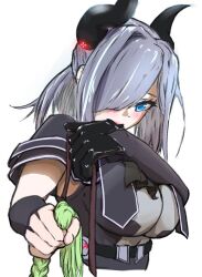 Rule 34 | 2girls, ascot, assault lily, belt, biting, biting glove, black ascot, black belt, black gloves, black horns, black shirt, blue eyes, blush, braid, breasts, covered mouth, cropped torso, demon horns, detached sleeves, fingernails, gloves, green hair, grey hair, grey shirt, h popowa, hair over one eye, half updo, hands up, high belt, holding another&#039;s hair, horns, large breasts, looking at viewer, medium hair, multiple girls, murakami tokiwa, one eye covered, out of frame, sekino youko, shirt, short sleeves, simple background, single glove, solo focus, two-tone shirt, upper body, white background