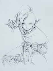 Rule 34 | 1boy, bad id, bad twitter id, battle stance, closed mouth, dragon ball, dragon ball super, earrings, greyscale, highres, jewelry, long sleeves, mohawk, monochrome, pants, pointy ears, potara earrings, sash, sffuju, shirt, short hair, sketch, solo, traditional media, zamasu