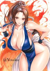 1girl alternate_color bare_shoulders breasts brown_eyes brown_hair cleavage closed_mouth collarbone commentary_request cowboy_shot fatal_fury fire hand_fan hand_on_own_hip high_ponytail highres holding holding_fan large_breasts leaning_forward lips long_hair looking_at_viewer motoyui ninja parted_bangs pelvic_curtain pink_lips ponytail rope sash shiranui_mai solo street_fighter street_fighter_6 thighs yosaku_vs_hina