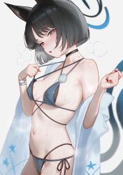 1girl absurdres animal_ear_fluff animal_ears areola_slip bikini bikini_top_pull black_bikini black_choker black_eyes black_hair black_nails blue_archive blue_bikini blush breasts bright_pupils cat_ears cat_girl cat_tail choker commentary_request criss-cross_halter criss-cross_straps fingernails halterneck highres kikyou_(blue_archive) kikyou_(swimsuit)_(blue_archive) layered_bikini looking_at_viewer medium_breasts mellow_(srpp4843) multiple_tails nail_polish navel open_mouth pulling_own_clothes short_hair side-tie_bikini_bottom simple_background single_bare_shoulder single_off_shoulder solo swimsuit tail thighs two_tails white_background white_pupils