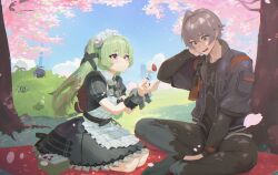1boy 1girl animal_bag apron bear_bag black_dress black_nails black_shirt blue_sky blush cherry_blossoms commentary corin_wickes cuffs dress english_commentary food fruit green_eyes green_hair grey_hair hair_between_eyes highres holding holding_food jacket long_hair looking_at_another maid maid_apron maid_headdress open_mouth outdoors pants picnic puffy_short_sleeves puffy_sleeves purple_eyes roro_(tpghksdlzpq) screw_hair_ornament seiza shirt short_sleeves simple_background sitting sky strawberry sweatdrop twintails wise_(zenless_zone_zero) zenless_zone_zero