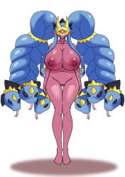 black_eyes breasts colored_skin crown digimon digimon_(creature) heart heppoko_death looking_at_viewer mask medusamon red_eyes red_skin ribbon shadow simple_background snake snake_hair tongue tongue_out white_background