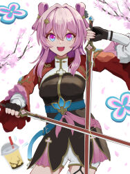 1girl belt black_dress black_gloves bloomers blue_belt breasts chinese_clothes commentary_request cowboy_shot dress dual_wielding fingerless_gloves flower garter_straps gloves hair_flower hair_ornament hairpin high_belt highres holding holding_sword holding_weapon honkai:_star_rail honkai_(series) long_sleeves mandarin_collar march_7th_(honkai:_star_rail) march_7th_(hunt)_(honkai:_star_rail) medium_breasts medium_hair official_alternate_costume official_alternate_hairstyle open_mouth partial_commentary pink_eyes pink_hair pink_pupils pink_sash puffy_sleeves sash shuangyaji single_garter_strap smile solo sword toki78288809 underbust underwear weapon white_bloomers white_sleeves