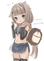 black_gloves black_thighhighs blue_skirt bokukawauso cosplay cowboy_shot crop_top elbow_gloves gloves gradient_neckerchief green_eyes grey_hair hair_flaps i-201_(kancolle) i-201_(kancolle)_(cosplay) kantai_collection long_hair low_twintails midriff mikura_(kancolle) navel neckerchief one-hour_drawing_challenge otter sailor_collar shirt simple_background skirt sleeveless sleeveless_shirt thighhighs twintails v white_background white_sailor_collar wss_(nicoseiga19993411)