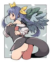 1girl angel_wings ass bare_shoulders belt blue_hair blush border breasts butt_crack detached_sleeves dizzy_(guilty_gear) feathers guilty_gear guilty_gear_x guilty_gear_xx hair_ribbon hair_rings hand_on_own_chest itsuka_neru large_breasts long_hair long_sleeves looking_at_viewer looking_to_the_side monster_girl open_mouth puffy_long_sleeves puffy_sleeves red_eyes ribbon solo tail thick_thighs thighs twintails white_border wings yellow_ribbon