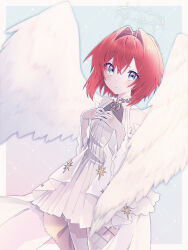 1girl ange_katrina angel_wings ayuko_ammobium blue_background blue_eyes border commentary_request cowboy_shot detached_sleeves dress feathered_wings flat_chest gradient_background gradient_eyes grid_background hair_between_eyes hair_intakes hands_on_own_chest highres looking_at_viewer medium_hair multicolored_eyes nijisanji official_alternate_costume outside_border parted_lips pink_background pink_eyes pleated_dress red_hair short_dress sleeveless sleeveless_dress solo star_(symbol) virtual_youtuber white_border white_dress white_sleeves white_wings wings