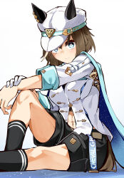 Rule 34 | 1girl, abs, absurdres, animal ears, black shorts, black socks, blue eyes, breasts, brown hair, cheval grand (umamusume), closed mouth, commentary request, ears through headwear, gloves, hat, highres, horse ears, horse girl, horse tail, jacket, knee up, long sleeves, looking at viewer, medium breasts, multicolored hair, navel, peaked cap, shi (kamokamo910), shorts, simple background, single glove, sitting, socks, solo, streaked hair, tail, umamusume, white background, white gloves, white hair, white hat, white jacket