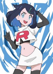 1girl aqua_eyes arm_up arms_up black_boots black_gloves black_hair black_leggings black_long_gloves boots colored_inner_hair cosplay cowlick creatures_(company) cropped_jacket elbow_gloves female_focus full_body game_freak gloves hainchu hair_ornament hairclip hands_behind_own_head jacket jessie_(pokemon)_(cosplay) leggings liko_(pokemon) logo long_glove multicolored_hair navel nintendo open_mouth pokemon pokemon_(anime) pokemon_horizons skirt solo solo_focus team_rocket team_rocket_(cosplay) team_rocket_uniform thighs tongue white_jacket white_skirt