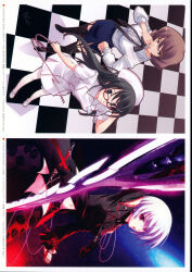 2000s_(style) 2009 3girls absurdres aiguillette alternate_body_size arm_up belly bent_over black_boots black_bow black_dress black_hair black_necktie blue_skirt blush boots bow breasts brown_hair chain chaos;head check_clothing checkered_floor clothing_cutout clothing_request cross cross_print d-sword dated dress earrings ears_visible_through_hair exif_rotation finger_to_mouth flirting floating_hair floral_print_thighhighs frilled_shirt frilled_shirt_collar frilled_sleeves frills from_above hair_between_eyes hair_ornament hairpin hand_on_own_hip hat hazuki_shino_(chaos;head) highres holding holding_microphone holding_ribbon holding_sword holding_weapon jewelry kishimoto_ayase knee_boots leaning_forward long_hair long_sleeves looking_at_viewer matsuo_yukihiro medium_breasts microphone midriff momose_katsuko multiple_girls narrow_waist navel necktie non-web_source nurse nurse_cap official_art open_mouth pantyhose pink_ribbon pink_trim pinky_out red_cross red_eyes red_lips red_trim ribbon sandals see-through_clothes see-through_thighhighs shirt short_hair short_sleeves shorts shorts_under_skirt shoulder_cutout side_slit skirt slimmed_down small_breasts smile stomach_cutout suspender_skirt suspenders sword thighhighs tongue translation_request unworn_ribbon weapon white_pantyhose yellow_eyes zettai_ryouiki