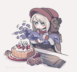 1girl anniversary bloodborne blue_eyes bonnet brown_cloak brown_flower cake cloak commentary_request creature doll_joints expressionless flower food grey_background grey_hair holding holding_creature hunter_(great_one)_(bloodborne) joints omochi_anko3 plain_doll red_bonnet simple_background swept_bangs table