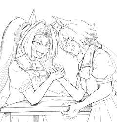 Rule 34 | 2girls, absurdres, animal ears, antenna hair, arm wrestling, back bow, bow, clenched teeth, commentary request, daiwa scarlet (umamusume), fang, greyscale, hair between eyes, hair intakes, highres, holding hands, holding table, horse ears, horse girl, long hair, looking at another, miya nns35, monochrome, multicolored hair, multiple girls, open mouth, pleated skirt, puffy short sleeves, puffy sleeves, sailor collar, short sleeves, simple background, skirt, streaked hair, summer uniform, table, teeth, twintails, umamusume, upper teeth only, very long hair, vodka (umamusume), white background