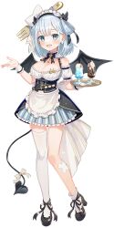 1girl :d apron asymmetrical_legwear bandaid bandaid_on_leg bare_shoulders black_shoes blue_eyes blue_hair blush bow breasts cleavage commentary_request commission cup demon_tail demon_wings detached_sleeves drink drinking_glass fork_hair_ornament frilled_apron frilled_sleeves frills full_body hair_bow highres holding holding_tray large_breasts looking_at_viewer maid maid_headdress medium_hair open_mouth original shoes short_sleeves shuu_(syuuuuuuuuuu) simple_background single_sock single_thighhigh skeb_commission smile socks solo spoon standing tail thighhighs tray uneven_legwear waist_apron white_apron white_background white_bow white_sleeves white_socks white_thighhighs wings wrist_cuffs