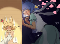 2girls blonde_hair blue_eyes blue_hair blush breath covering_privates female_focus female_pervert flx hair_rings heart kaku_seiga multiple_girls nude nude_cover one_eye_closed open_mouth peeking pervert short_hair sitting touhou toyosatomimi_no_miko wariza wink yellow_eyes