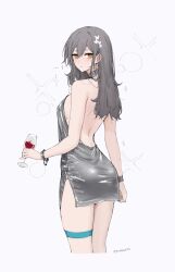 ... 1girl absurdres alternate_costume alternate_hair_length alternate_hairstyle backless_dress backless_outfit bare_shoulders blush breasts closed_mouth commentary cropped_legs cup dress drinking_glass earrings english_commentary feint721 from_side grey_dress grey_hair highres holding holding_cup honkai:_star_rail honkai_(series) hoop_earrings jewelry long_hair looking_at_viewer median_furrow medium_breasts side_slit simple_background solo stelle_(honkai:_star_rail) thigh_strap trailblazer_(honkai:_star_rail) twitter_username white_background wine_glass yellow_eyes