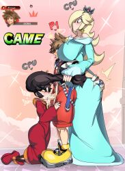 Rule 34 | 1boy, 2girls, absurdres, ashley (warioware), assisted fellatio, bisexual female, black hair, blonde hair, blue dress, blue eyes, blush, breasts, brown hair, captain kirb, cum, cum in mouth, cum overflow, dress, drooling, earrings, ejaculation, fellatio, fingerless gloves, from side, full body, gameplay mechanics, gloves, grabbing another&#039;s ass, grabbing another&#039;s hair, grabbing another&#039;s twintails, groping, half-closed eye, highres, huge breasts, jewelry, kingdom hearts, kneeling, long hair, long sleeves, looking at another, mario (series), multiple girls, nintendo, open mouth, oral, penis, profile, pulling another&#039;s hair, red dress, red eyes, red footwear, rosalina, saliva, shoes, short hair, short jumpsuit, size difference, sneakers, sora (kingdom hearts), standing, star (symbol), star earrings, super mario galaxy, super smash bros., tongue, tongue out, twintails, uncensored, unzipped, warioware, white gloves, wide-eyed, yellow footwear, zipper