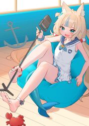 1girl absurdres animal_ears barefoot blonde_hair blue_eyes blush feet fish_tail highres indie_virtual_youtuber long_hair looking_at_viewer microphone open_mouth pompmaker1 sameko_saba shark_tail soles tail toes