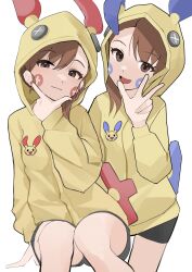 2girls absurdres animal_hood black_shorts brown_eyes brown_hair ch2haya_p closed_mouth commentary futami_ami futami_mami gen_3_pokemon hair_between_eyes hand_up highres hood hood_up hooded_jacket idolmaster idolmaster_(classic) jacket long_sleeves looking_at_viewer minun multiple_girls nail_polish nintendo open_mouth plusle pokemon red_nails shorts siblings simple_background sisters sitting smile symbol-only_commentary twins w white_background yellow_jacket