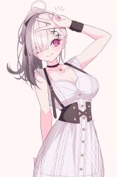 1girl absurdres ahoge asymmetrical_bangs black_choker breasts choker cleavage dress embroidery eyes_visible_through_hair hair_ornament hair_over_one_eye highres jewelry large_breasts long_hair mole mole_under_eye nijisanji pendant_choker see-through_clothes see-through_dress simple_background smile solo soushitsuchang sukoya_kana sukoya_kana_(5th_costume) v virtual_youtuber x x_hair_ornament