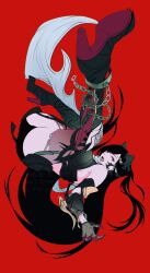 1girl animal_ears ass bare_shoulders black_boots black_hair boots chain chained_legs claw_(weapon) commentary_request final_fantasy final_fantasy_vii final_fantasy_vii_ever_crisis full_body grey_scarf high_heel_boots high_heels highres kirinomon long_hair looking_at_viewer official_alternate_costume open_mouth red_background red_eyes scarf solo thighhighs tifa_lockhart tifa_lockhart_(armor_of_the_worthy) torn_clothes torn_thighhighs very_long_hair weapon wolf_ears