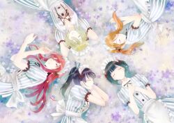 5girls apron black_hair blonde_hair blue_dress closed_eyes closed_mouth dress field flower flower_field from_above hair_ribbon hououji_akane long_hair lying maid_headdress makuzawa_ouka megami_no_cafe_terrace multiple_girls official_art on_back on_grass ono_shiragiku purple_hair red_hair red_ribbon ribbon seo_kouji short_hair short_sleeves sleeping striped_clothes striped_dress tsukishima_riho tsuruga_ami twintails vertical-striped_clothes vertical-striped_dress white_apron