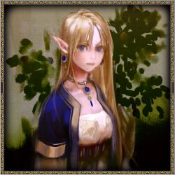 Rule 34 | blonde hair, blue eyes, breasts, earrings, elf, game cg, jewelry, mabinogi, medium breasts, official art, oil painting (medium), painting (medium), plant, pointy ears, portia (mabinogi), traditional media, upper body