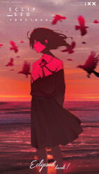 1girl absurdres arms_behind_back beach bird chinese_commentary commentary_request english_text feet_out_of_frame highres looking_to_the_side medium_hair mogamigawa_(mwft8758) motion_blur ocean original outdoors photo_background red_theme shirt skirt solo standing sunset