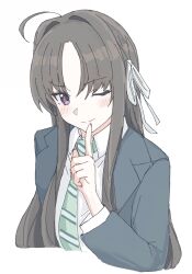 1girl ahoge awa_subaru black_hair black_jacket blush closed_mouth collared_shirt diagonal-striped_clothes diagonal-striped_necktie finger_to_mouth girls_band_cry green_necktie hair_intakes hair_ribbon highres jacket long_hair n_nai_nai_n necktie one_eye_closed parted_bangs purple_eyes ribbon shirt shushing sidelocks simple_background solo striped_clothes upper_body white_background white_shirt