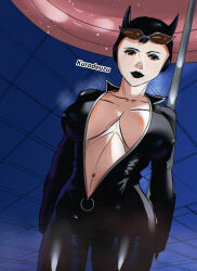 1girl batman:_arkham_city batman_(series) batman_returns black_bodysuit bodysuit breasts catsuit catwoman catwoman_(cosplay) catwoman_costume_(2002) catwoman_costume_(2018) cosplay dc_comics goggles goggles_on_head hetero holding holding_whip kurodeuzu large_breasts leather_suit non-web_source selina_kyle simple_background