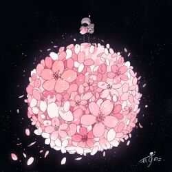 1other artist_name astronaut backpack bag cherry_blossoms commentary falling_petals flower gloves helmet highres holding holding_petal kazunoko_(kazunoko_zunoco) looking_down on_mini_planet original petals pink_flower pink_petals planet radio_antenna signature solo space space_helmet standing star_(sky) white_gloves