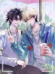 2boys aqua_jacket black_hair black_pants blonde_hair brown_eyes cheng_xiaoshi chinese_commentary cup day disposable_cup dog_tags drinking_straw drinking_straw_in_mouth grin hair_between_eyes hand_up highres holding holding_cup hood hood_down hooded_jacket jacket jewelry leaf light_particles long_sleeves looking_at_viewer male_focus mouth_hold multicolored_hair multiple_boys necklace open_clothes open_jacket orange_eyes outdoors pants patio_umbrella plant ponytail shiguang_dailiren shirt short_hair short_ponytail sitting smile table tree twitter_username two-tone_hair umbrella v viewfinder white_shirt xia_fei yuxianchen