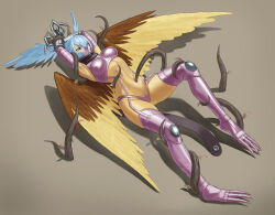 1girl absurdres armpits arms_up bikini black_scarf blue_eyes blue_hair bound bound_wrists breasts claws commentary_request commission covered_erect_nipples digimon digimon_(creature) feathered_wings full_body garter_straps gauntlets gloves hair_between_eyes highres kazukida leaf long_hair mask medium_breasts mouth_mask navel navel_insertion pixiv_commission plant purple_bikini purple_footwear purple_gloves restrained ryona scarf shadow shoulder_pads shutumon sidelocks simple_background skindentation solo stomach swimsuit thigh_gap vine_bondage vines wings