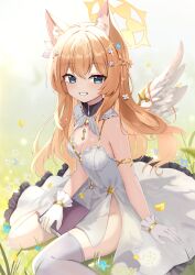 1girl absurdres alternate_costume alternate_hairstyle angel angel_wings animal_ear_fluff animal_ears blue_archive blush braid breasts cleavage commentary day detached_collar dress feathered_wings floating_hair flower foot_out_of_frame gloves grin hair_flower hair_ornament half_up_braid halo happy highres long_hair looking_at_viewer mari_(blue_archive) on_grass orange_hair outdoors petals rinringyo side_slit sitting sleeveless sleeveless_dress smile solo wariza white_dress white_flower white_gloves white_wings wings yellow_halo