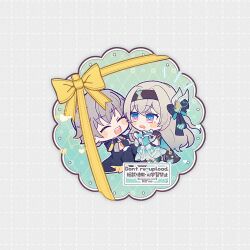 black_hairband blush caelus_(honkai:_star_rail) closed_eyes cropped_jacket firefly_(honkai:_star_rail) gift_wrapping grey_hair hair_between_eyes hair_ornament hairband holding honkai:_star_rail honkai_(series) macaroon_mcr2 open_mouth ribbon smile trailblazer_(honkai:_star_rail)