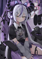 1girl absurdres ahoge alternate_costume animal_ear_headphones animal_ears arm_warmers bandaid bandaid_on_arm black_shirt braid cat_ear_headphones chair character_print choker crow_(la+_darknesss) demon_girl demon_horns fake_animal_ears fang gaming_chair grey_hair headphones highres hololive horns la+_darknesss large_horns long_hair microphone multicolored_hair nemuta_muu plaid_clothes plaid_skirt poster_(object) purple_hair purple_skirt shirt sitting skirt solo star_(symbol) star_choker streaked_hair striped_horns swivel_chair tokoyami_towa virtual_youtuber