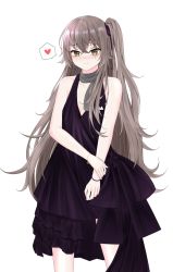 1girl blush bracelet breasts brown_eyes closed_mouth collarbone dress feet_out_of_frame girls&#039;_frontline grey_scarf hand_on_arm heart heart_print jewelry light_brown_hair long_hair looking_at_viewer official_alternate_costume paaam purple_dress scar scar_across_eye scar_on_face scarf side_ponytail small_breasts solo standing ump45_(diamond_flower)_(girls&#039;_frontline) ump45_(girls&#039;_frontline) white_background