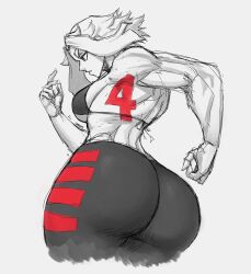 Rule 34 | 1girl, absurdres, ass, ass focus, breasts, greyscale, highres, huge ass, limn044, monochrome, muscular, muscular arms, muscular female, original, roxan (limn044), short hair
