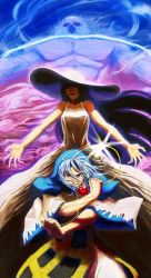 1boy 2girls beard blue_eyes blue_hair dress evil_smile facial_hair grin hasshaku-sama hat highres hood hoop japanese_urban_legends koyubi_(littlefinger1988) kumoi_ichirin layered_dress long_sleeves looking_at_viewer multiple_girls muscular open_mouth outstretched_arms sleeveless smile touhou unzan urban_legend_in_limbo white_dress wide_sleeves