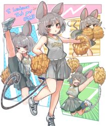 1girl absurdres alternate_costume animal_ears arms_up artist_name bare_shoulders bike_shorts bike_shorts_under_skirt black_shorts blush character_name cheerleader clothes_writing commentary_request commission commissioner_name cross-laced_shoes frown ginnkei grey_hair grey_skirt highres holding holding_pom_poms leg_up midriff_peek mouse_ears mouse_tail multiple_views nazrin outstretched_arms pom_pom_(cheerleading) pom_poms red_eyes second-party_source shirt shoes shorts skeb_commission skirt sleeveless sleeveless_shirt sneakers sweat tail thank_you touhou white_shoes