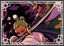 Rule 34 | 1boy, chonmage, colored smoke, commentary, earrings, english commentary, green hair, hellosunnycore, holding, holding sword, holding weapon, japanese clothes, jewelry, kimono, kimono on shoulders, male focus, one piece, pink petals, roronoa zoro, smoke, solo, sword, topknot, weapon, weapon in mouth, white kimono