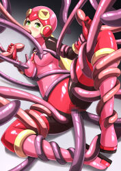 Rule 34 | 1girl, absurdres, black bodysuit, blonde hair, blush, bodysuit, boots, breast sucking, breast sucking through clothes, breasts, censored, clothed sex, cyoppu, double handjob, fellatio, green eyes, handjob, helmet, highres, leotard, long hair, looking at viewer, medium breasts, mega man (series), mega man battle network (series), mosaic censoring, oral, pink boots, pink helmet, pink leotard, roll.exe (mega man), tentacle sex, tentaclejob, tentacles