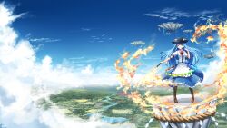 Rule 34 | 1girl, absurdres, black headwear, blue hair, blue skirt, blue sky, boots, bow, bowtie, brown footwear, center frills, closed mouth, cloud, commentary, commission, english commentary, food, frills, fruit, full body, gensokyo, highres, hinanawi tenshi, holding, holding sword, holding weapon, kaname-ishi, kuneamorai, leaf, long hair, mountain, outdoors, peach, red bow, red bowtie, red eyes, riverbank, rope, scenery, shimenawa, skirt, sky, smile, standing, sword, sword of hisou, touhou, weapon