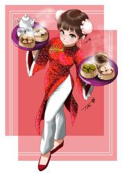 1girl brown_hair bun_cover china_dress chinese_clothes chutohampa cup double_bun dress earrings food full_body green_eyes hair_bun highres holding holding_tray jewelry kettle original pants red_dress red_shoes shoes short_hair side_slit signature smile solo standing steam steamed_bun tray white_pants