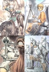 6+boys armor bellows berserk black_hair blonde_hair boots bow_(weapon) bowl bowl_cut breastplate campfire cauldron collage cooking corkus_(berserk) crossbow faulds gauntlets gloves hand_on_own_chin helmet highres horse horseback_riding judeau_(berserk) looking_at_viewer mace male_focus miura_kentarou multiple_boys over_shoulder pauldrons pippin_(berserk) rickert_(berserk) riding scan shoulder_armor sitting spiked_mace spikes spurs sword sword_over_shoulder teeth tent weapon weapon_over_shoulder