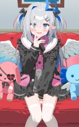 Rule 34 | 1girl, amane kanata, angel wings, arm between legs, black jacket, blue eyes, blue hair, blue halo, blush, gradient eyes, gradient wings, grey hair, grey skirt, halo, highres, hololive, jacket, jirai kei, long sleeves, looking at viewer, low twintails, multicolored eyes, multicolored hair, multicolored wings, pink eyes, pink shirt, red hair, sailor collar, shirt, skirt, smile, solo, stuffed toy, thighhighs, twintails, virtual youtuber, white thighhighs, wings, yoru no yayoi