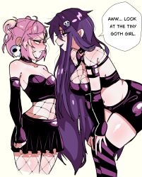 Rule 34 | 2girls, absurdres, black thighhighs, bra, breasts, choker, clenched teeth, doki doki literature club, eclipxare, fishnet cutout, fishnet pantyhose, fishnets, highres, horizontal-striped thighhighs, large breasts, latex bra, latex skirt, latex sleeves, long hair, looking at another, medium breasts, midriff, multiple girls, natsuki (doki doki literature club), open mouth, pantyhose, pink hair, purple bra, purple choker, purple hair, purple skirt, purple sleeves, purple thighhighs, short hair, skirt, teeth, thighhighs, two-tone thighhighs, underwear, yuri, yuri (doki doki literature club)