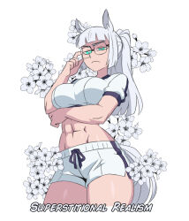 1girl abs adjusting_eyewear animal_ears arm_under_breasts arm_up blue_eyes blue_trim blunt_bangs breasts c_rikk00 character_name cowboy_shot cropped_shirt dolphin_shorts flower glasses gym_shirt hashtag-only_commentary highres horse_ears horse_girl horse_race_tests horse_tail large_breasts looking_at_viewer midriff narrowed_eyes navel ponytail shirt short_sleeves shorts solo superstitional_realism tail toned toned_female vanripper_(style) white_background white_flower white_hair white_shirt white_tail